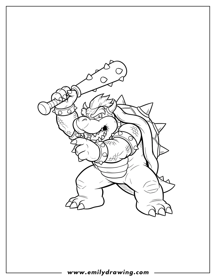 Linear illustration of bowser fiercely raising his spiked club