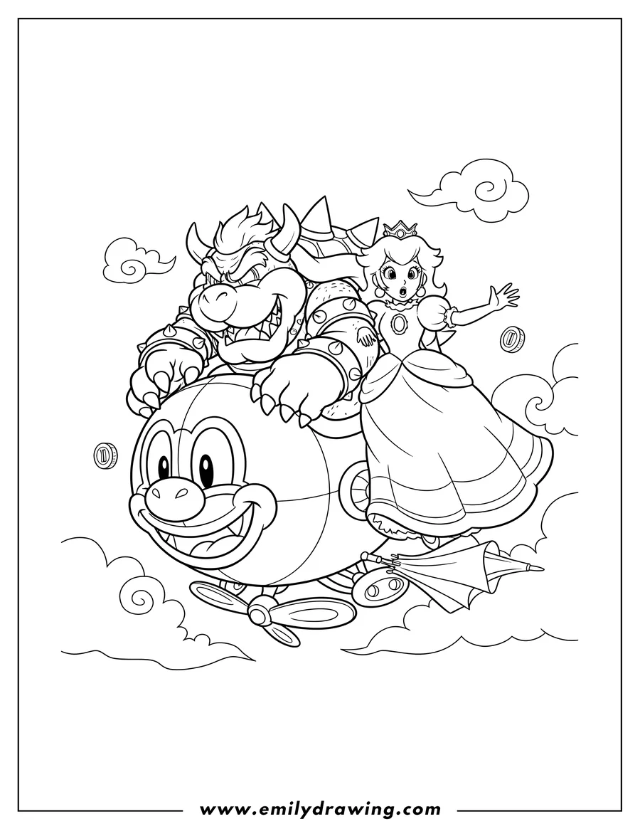 Coloring page of bowser in his Koopa Clown Car kidnapping a surprised Princess Peach reaching out
