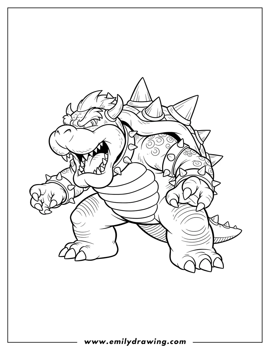 Doodle style coloring picture of bowser, roaring with his spiky shell