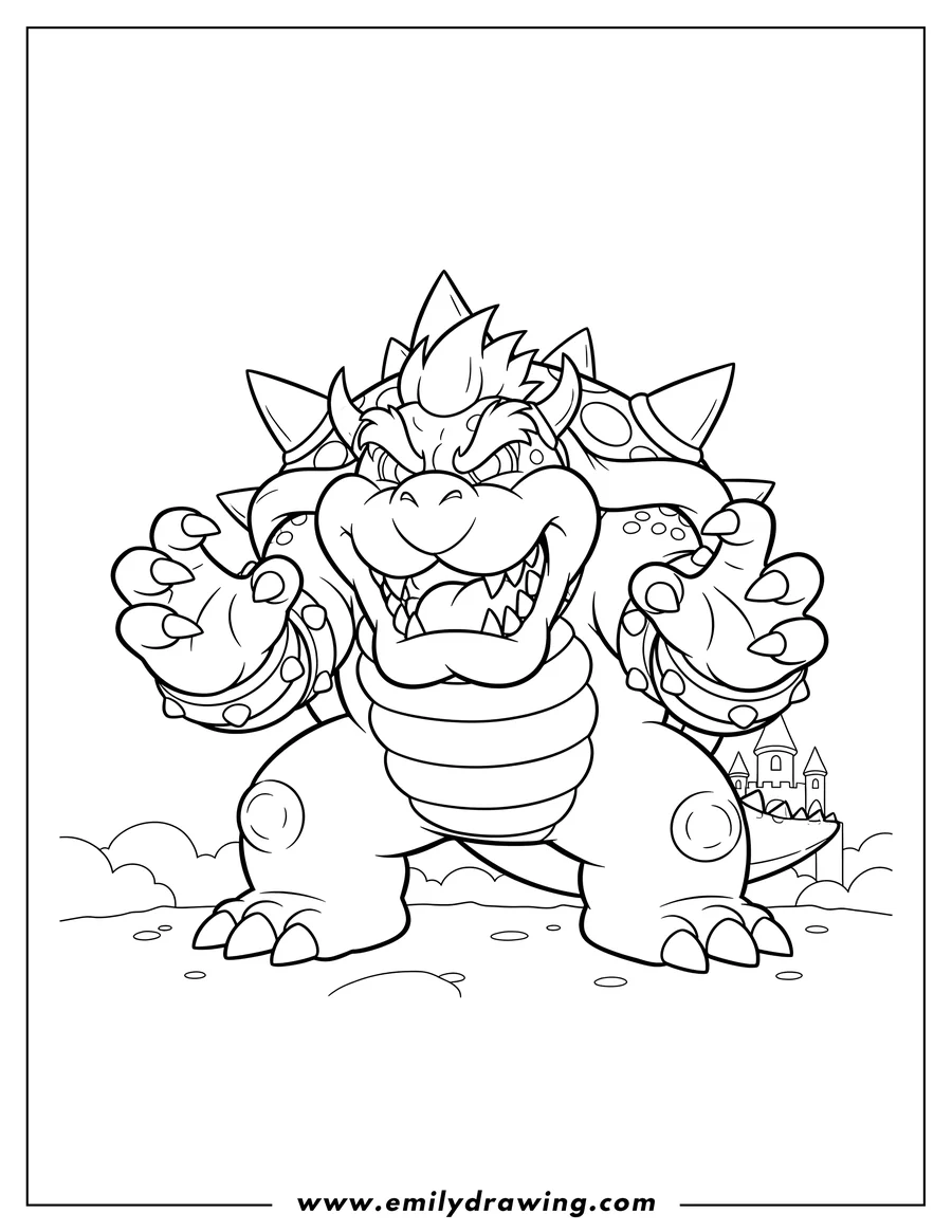 Printable coloring page of bowser showing his sharp teeth and claws