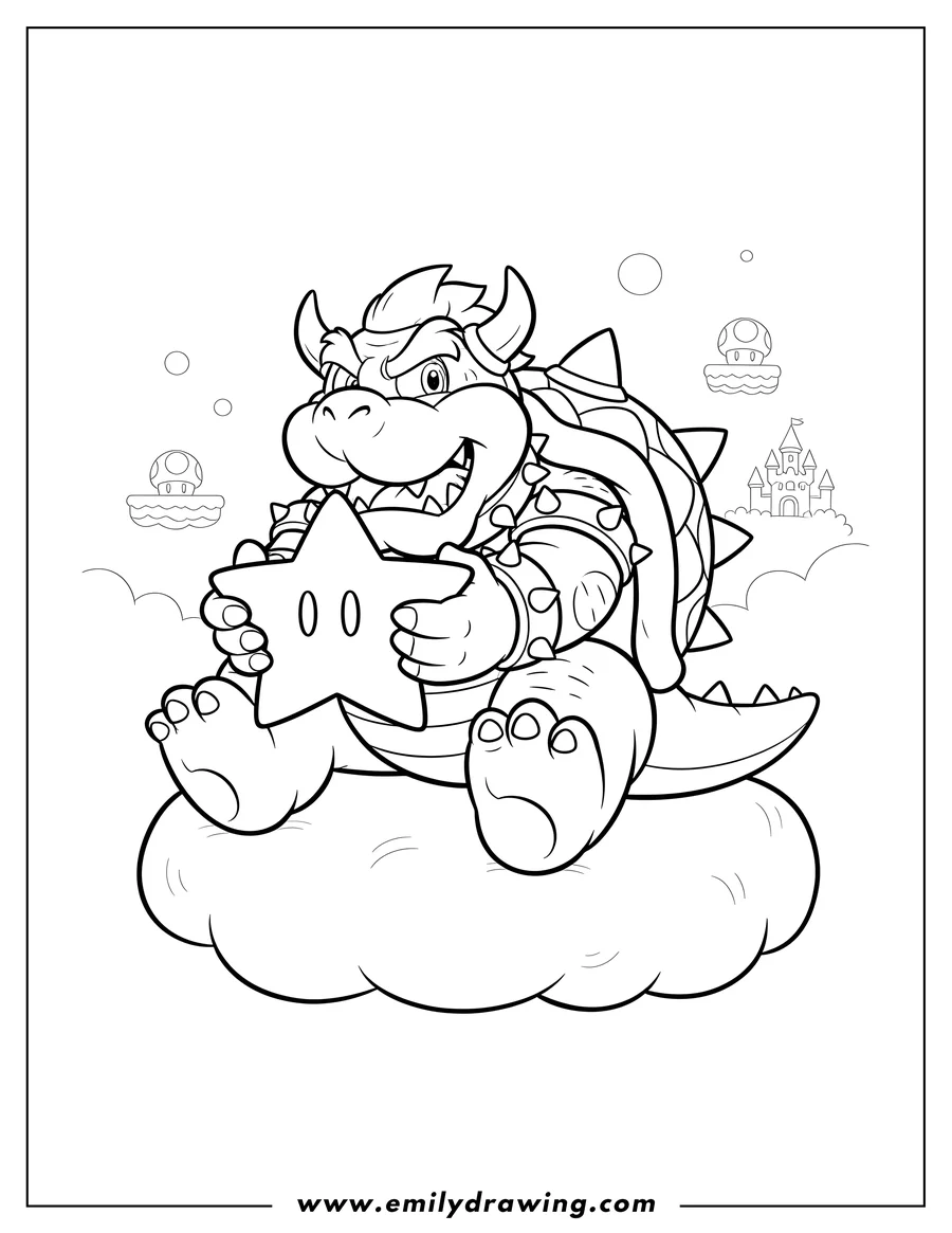 Coloring page for kids: bowser Video Games, sitting and holding a star