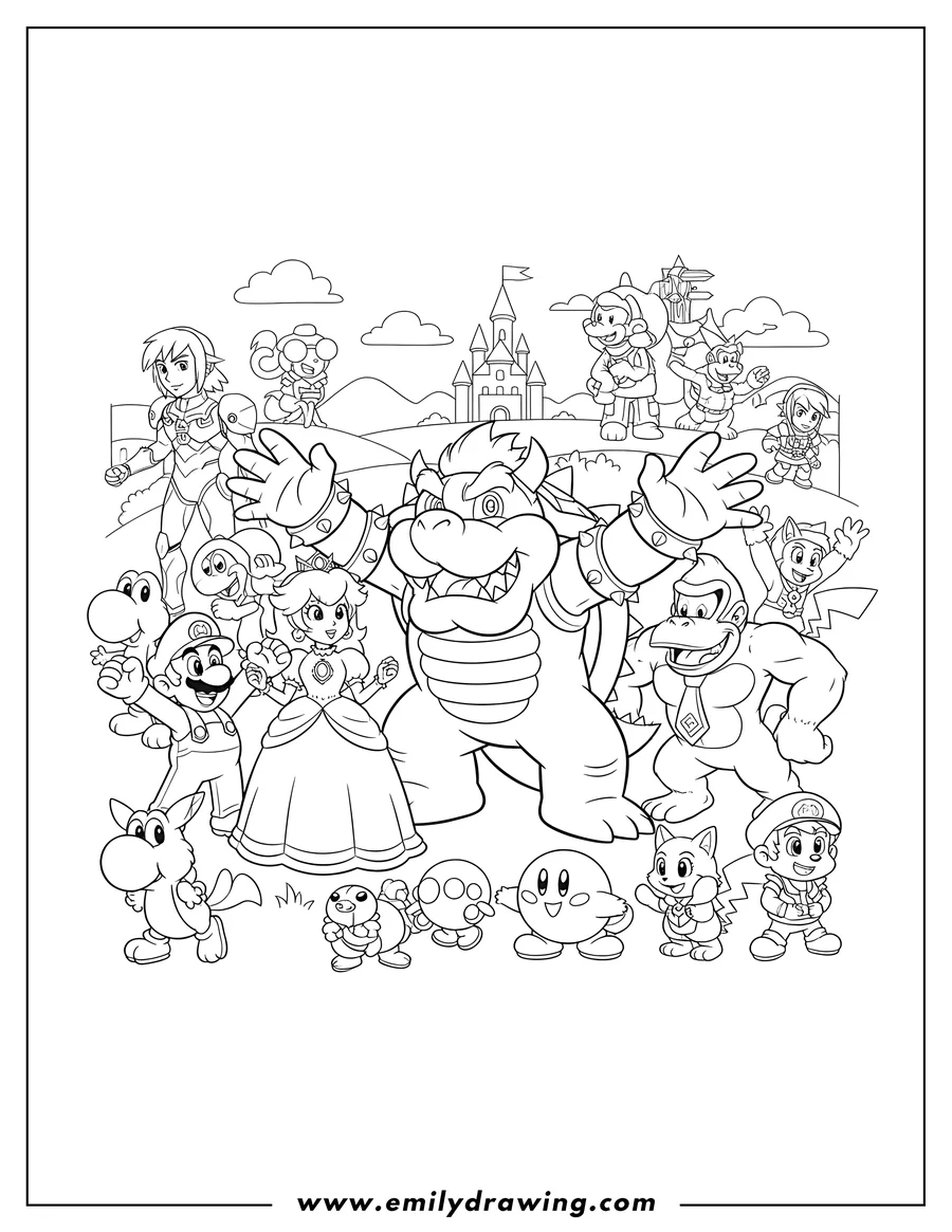 Printable line art of bowser with Mario, Luigi, Princess Peach, and Donkey Kong gathered with other iconic Nintendo characters