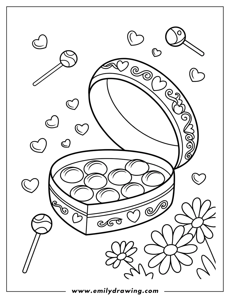 PDF style coloring page: box of Chocolates