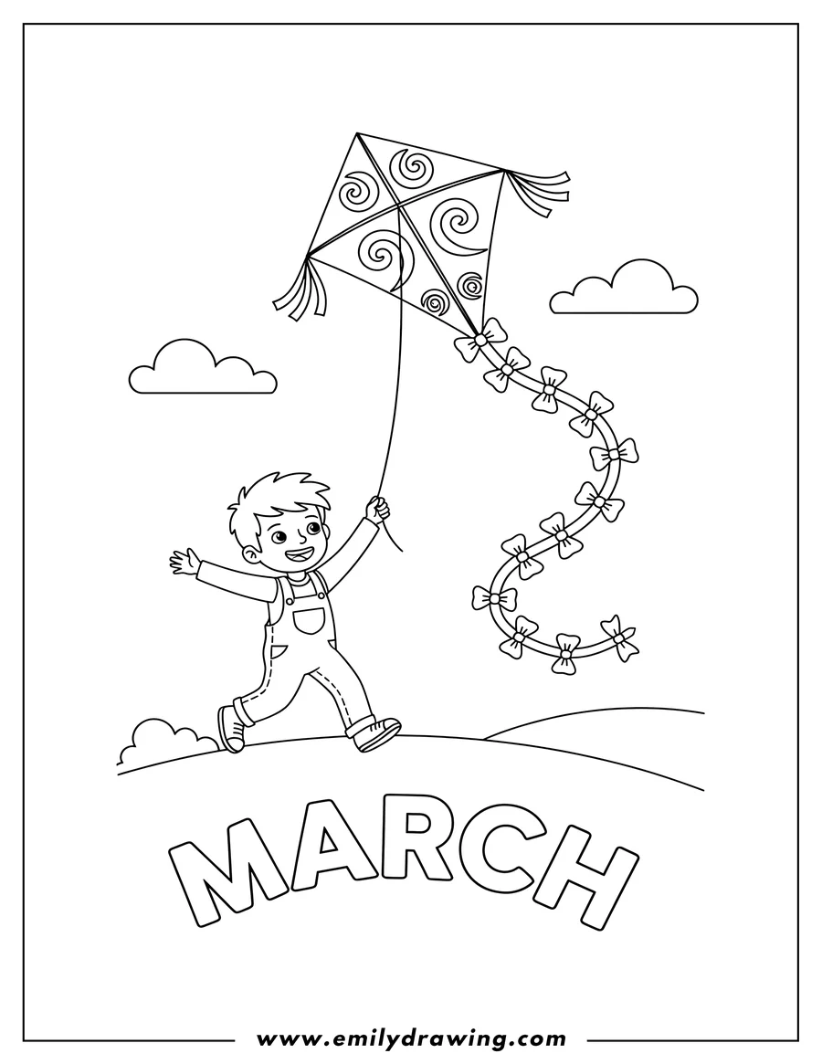 Line art of a happy boy in overalls running and flying a kite with a decorative tail, set against a simple background with hills, clouds, and the word 'MARCH' at the bottom.