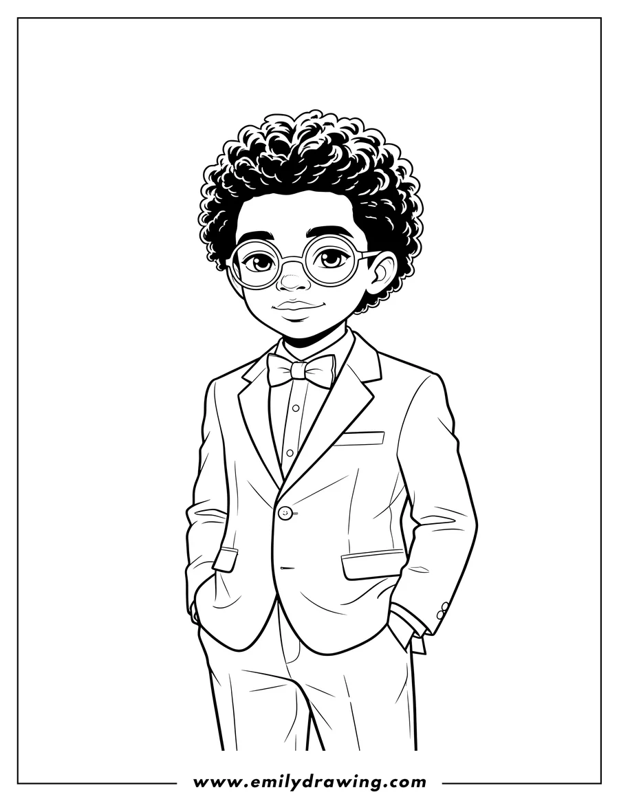 Free to print drawing of black Boy Eyeglasses And Suit, with curly hair, standing with hands in pockets