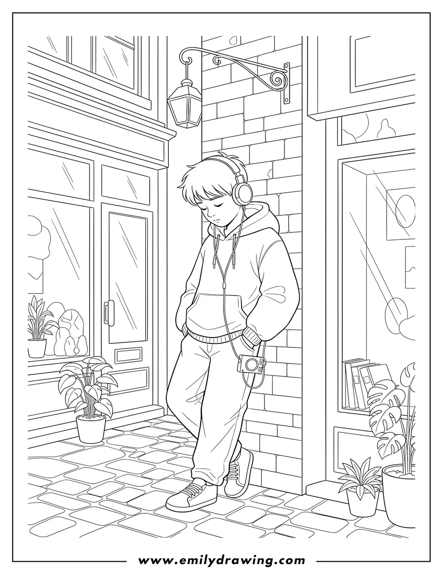 Vector style outline of lofi Scene Boy Leaning On Wall Narrow Alley With Shops, wearing earbuds and head bowed