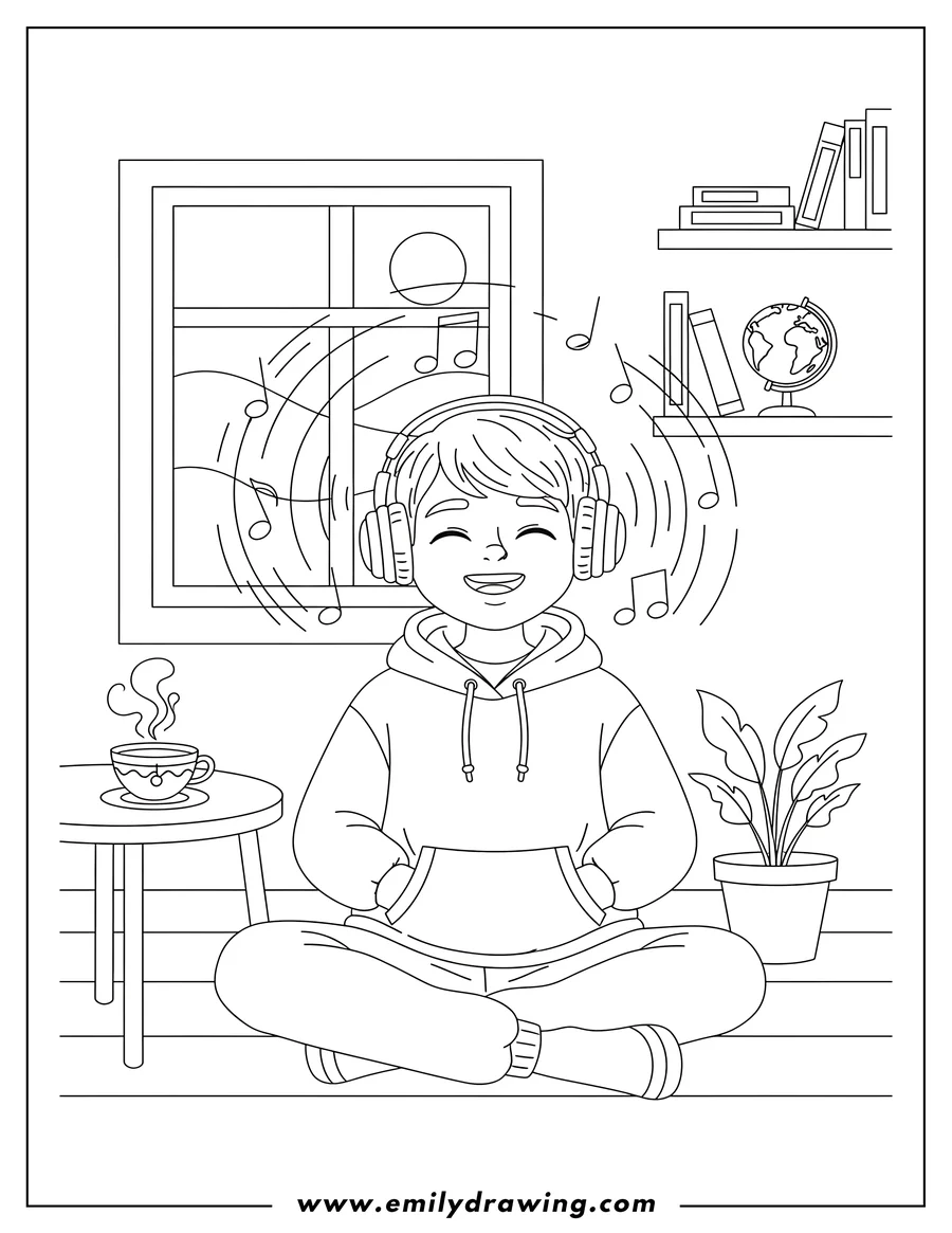 Line art of a boy with headphones on, smiling and sitting cross-legged on the floor, surrounded by music notes. There's a cup of tea, a window, and a bookshelf in the background.