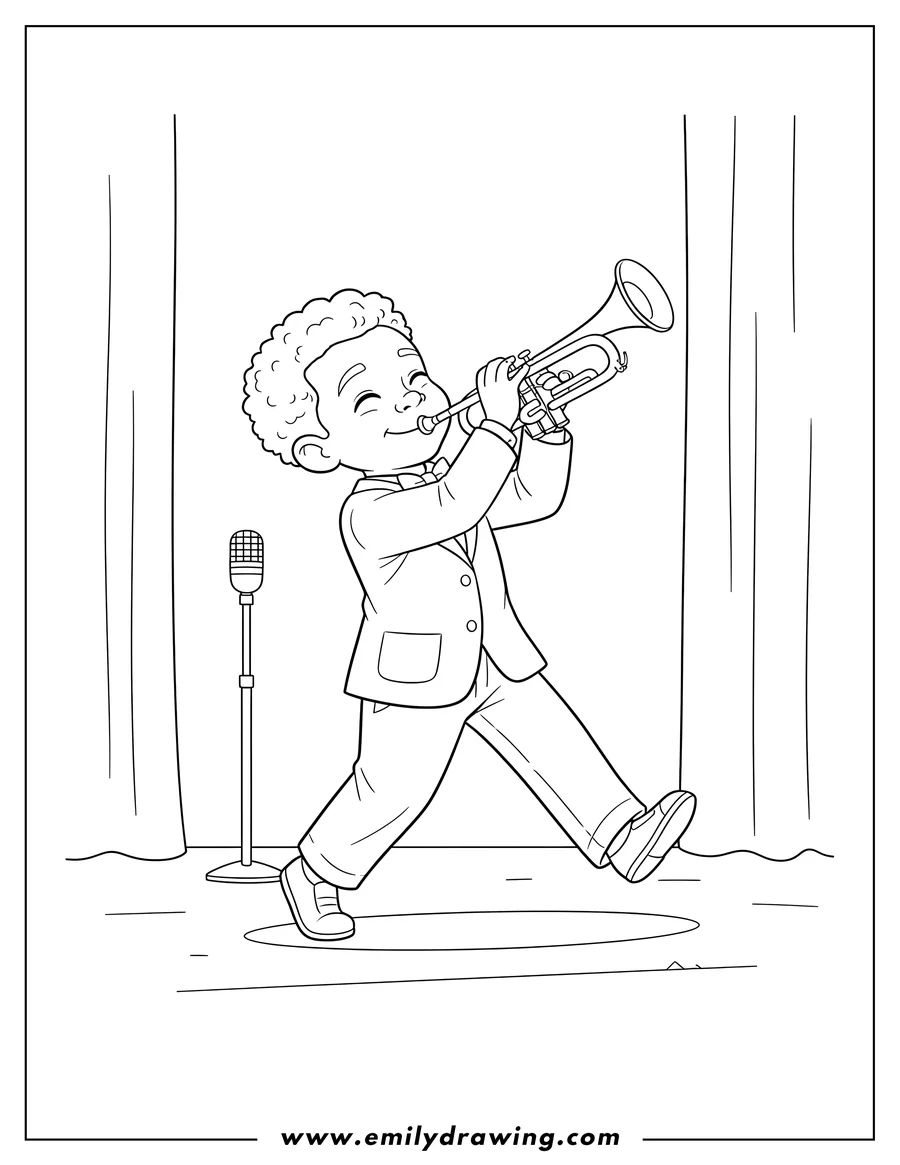 Printable coloring page of A black boy with curly hair playing trumpet, looking up and striding on stage