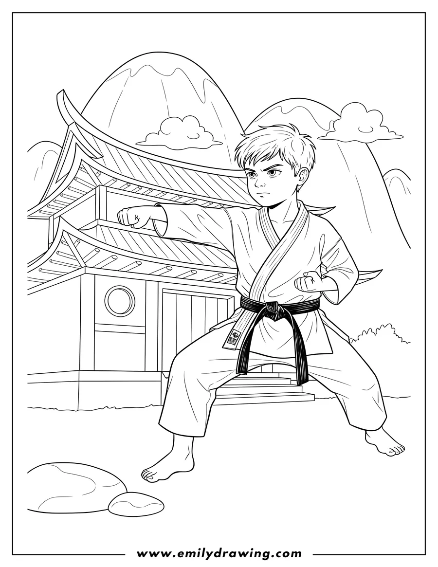 Free to print drawing of boy wearing a karate gi and belt, performing a karate punch, in a Peaceful Temple Surrounded By Mountains