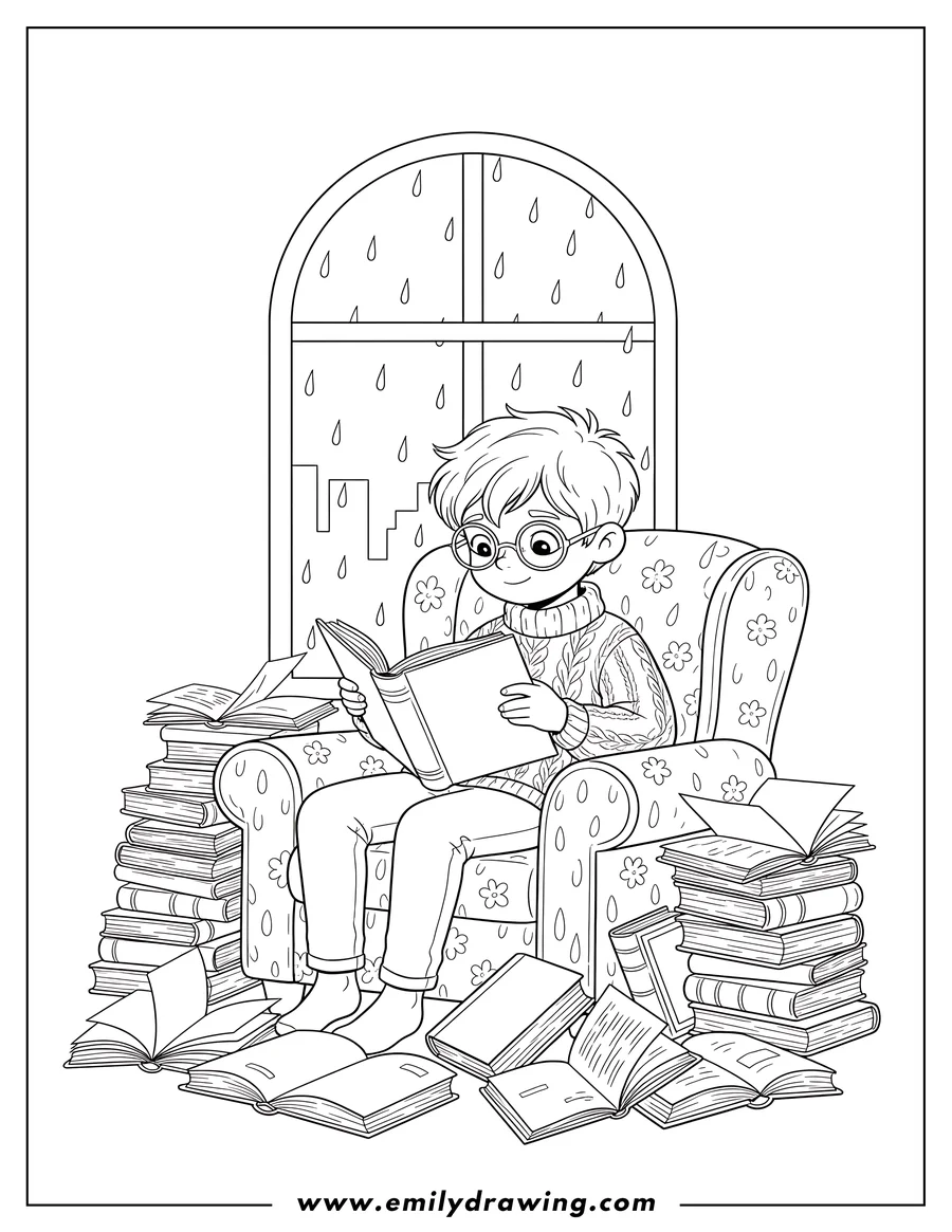 Line art of a boy with glasses reading a book in a floral armchair, surrounded by stacks of books, with rain falling outside a window.