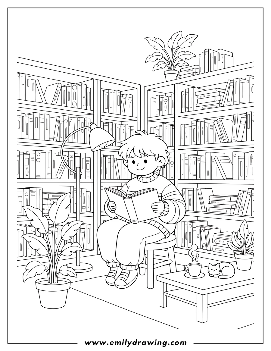 Line art of a boy reading a book while sitting in a library, surrounded by bookshelves, with a small cat sleeping on a coffee table next to a steaming mug.