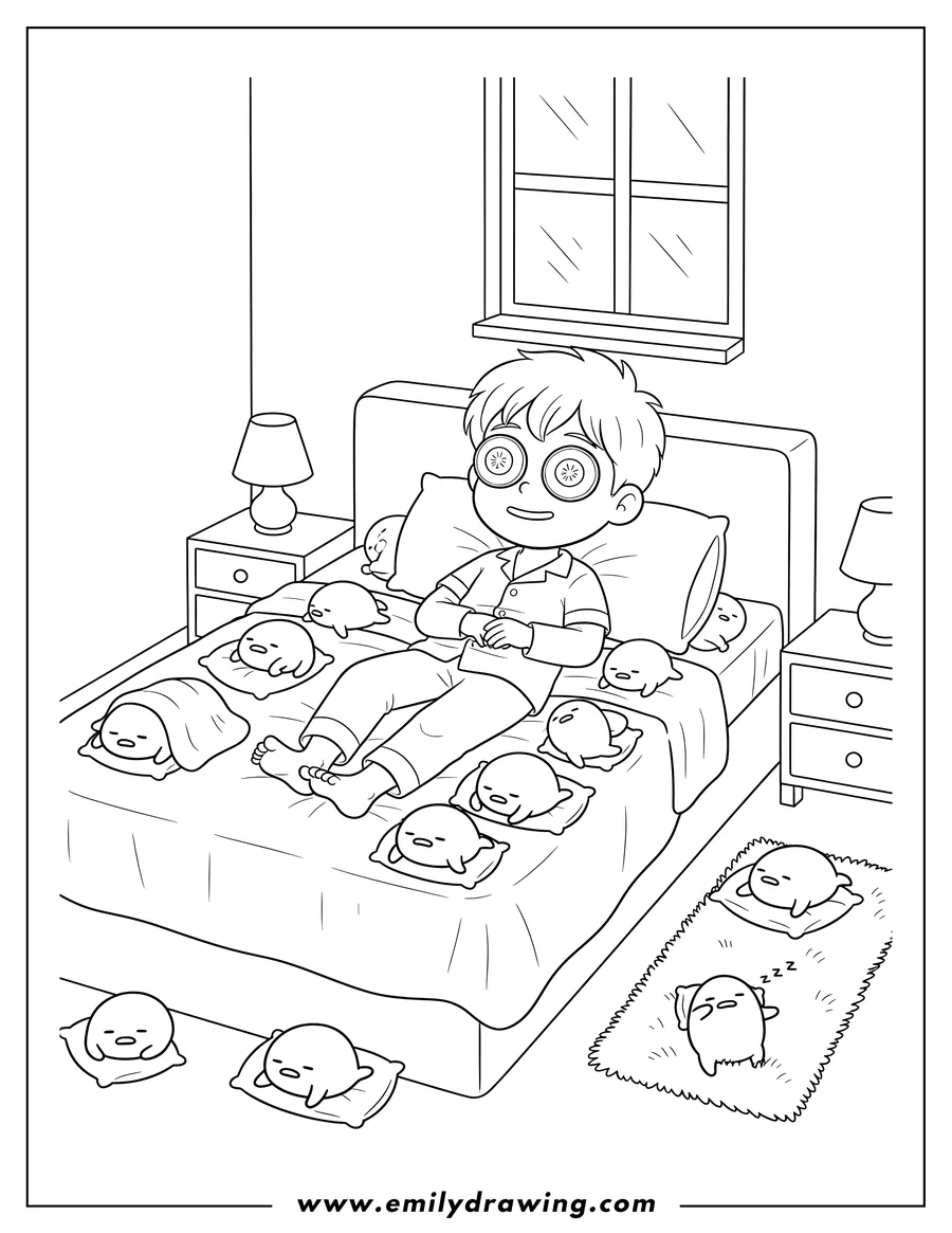 Vector style outline of boy relaxing with cucumber eye masks in a bedroom, surrounded by many sleeping Gudetama characters