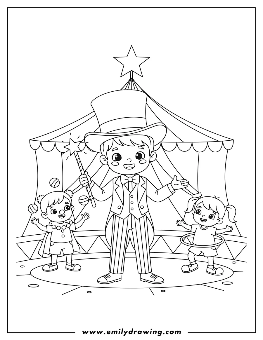 Clean line drawing: boy Ringmaster Preschoolers, holding a magic wand, wearing a top hat