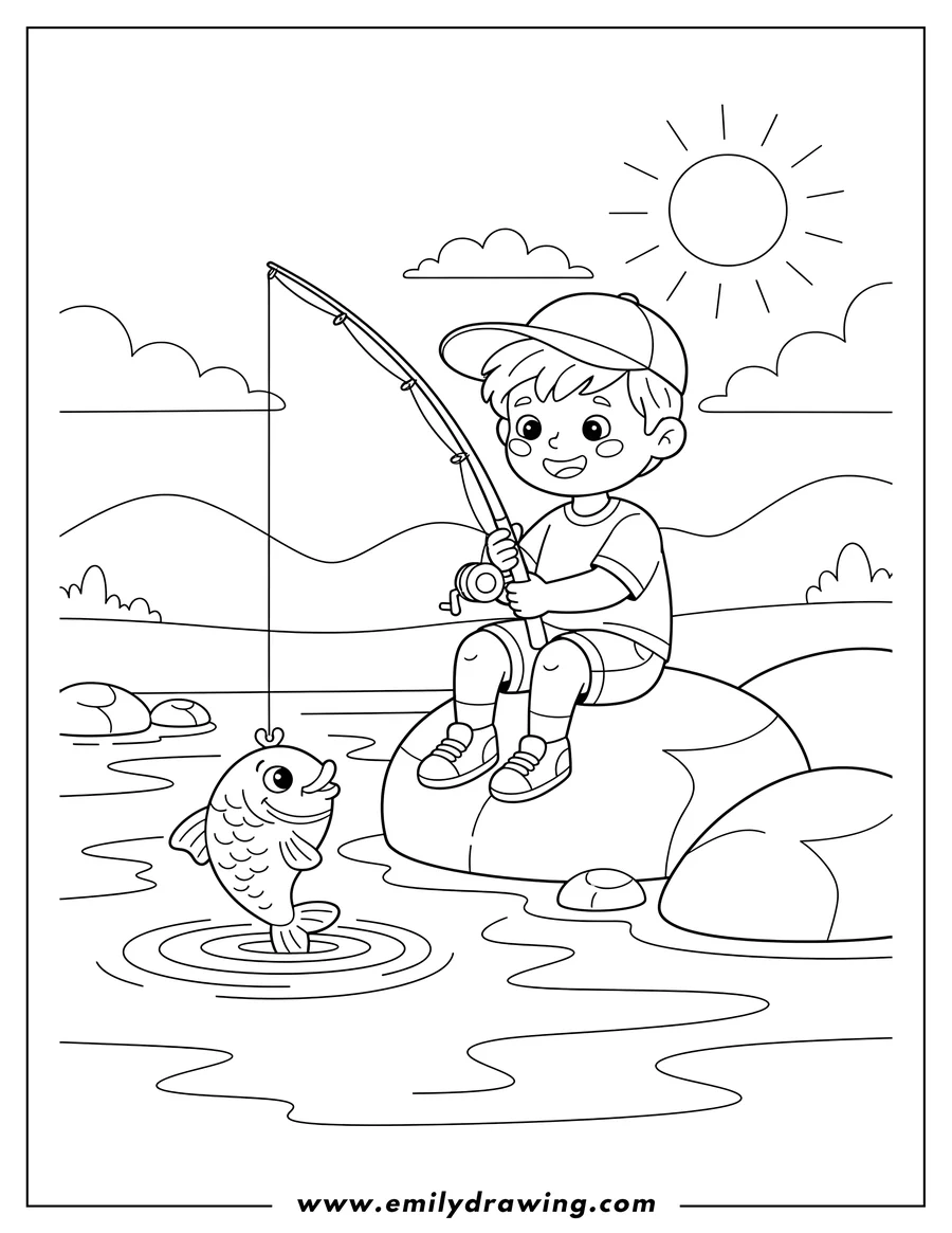 Free printable coloring sheet of easy Boy Wearing A Hat Sitting On Rock Fishing With A Fish On The Line