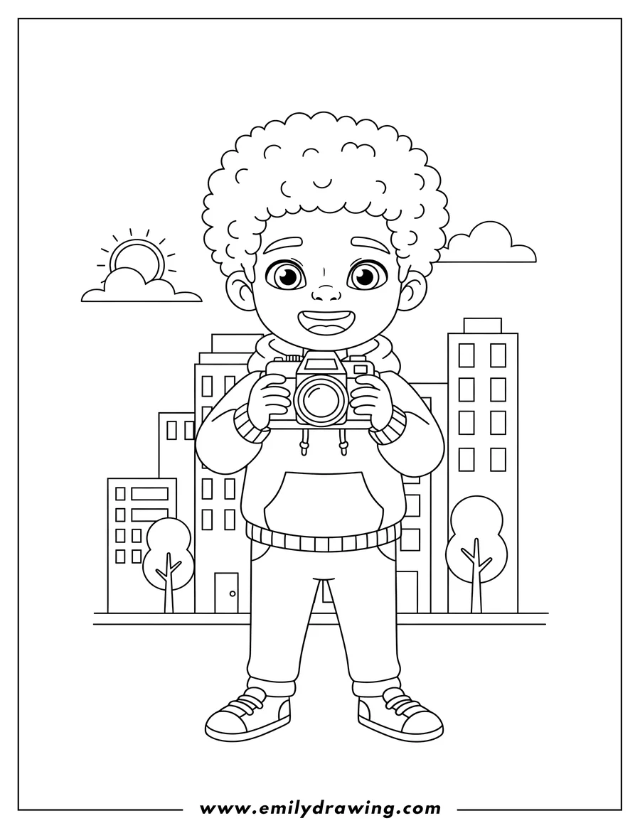Full page coloring image of black boy with curly hair smiling, holding a camera with both hands, taking photos in the city