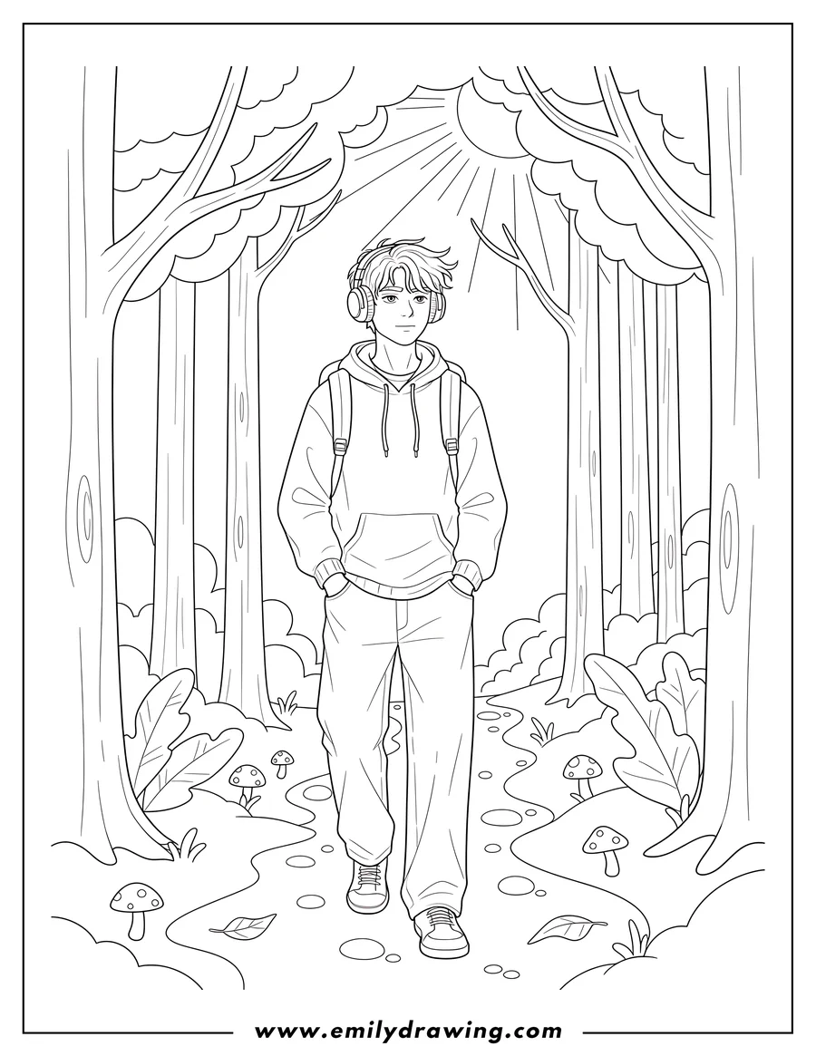 Line art of a boy with headphones and a backpack walking through a forest path, with trees and mushrooms around him.