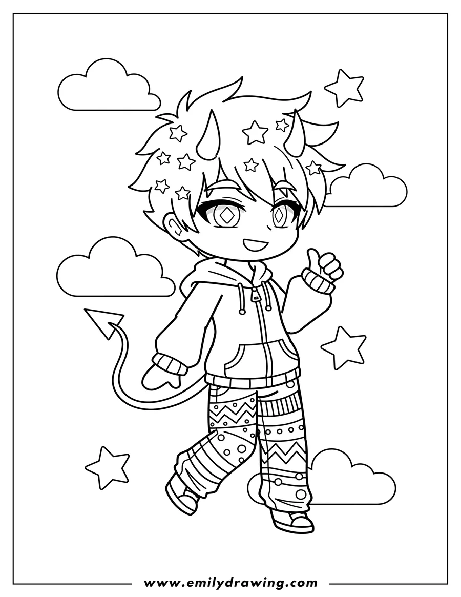 Printable coloring page of gacha Life Boy With Devil Horns, with a tail, star-decorated hair, and patterned pants