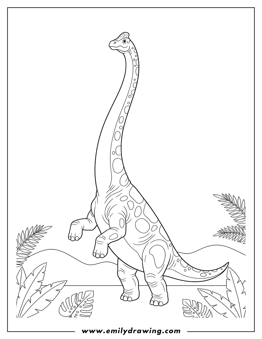 Printable line art of brachiosaurus Standing On Hind Legs, stretching its long neck with its front legs raised