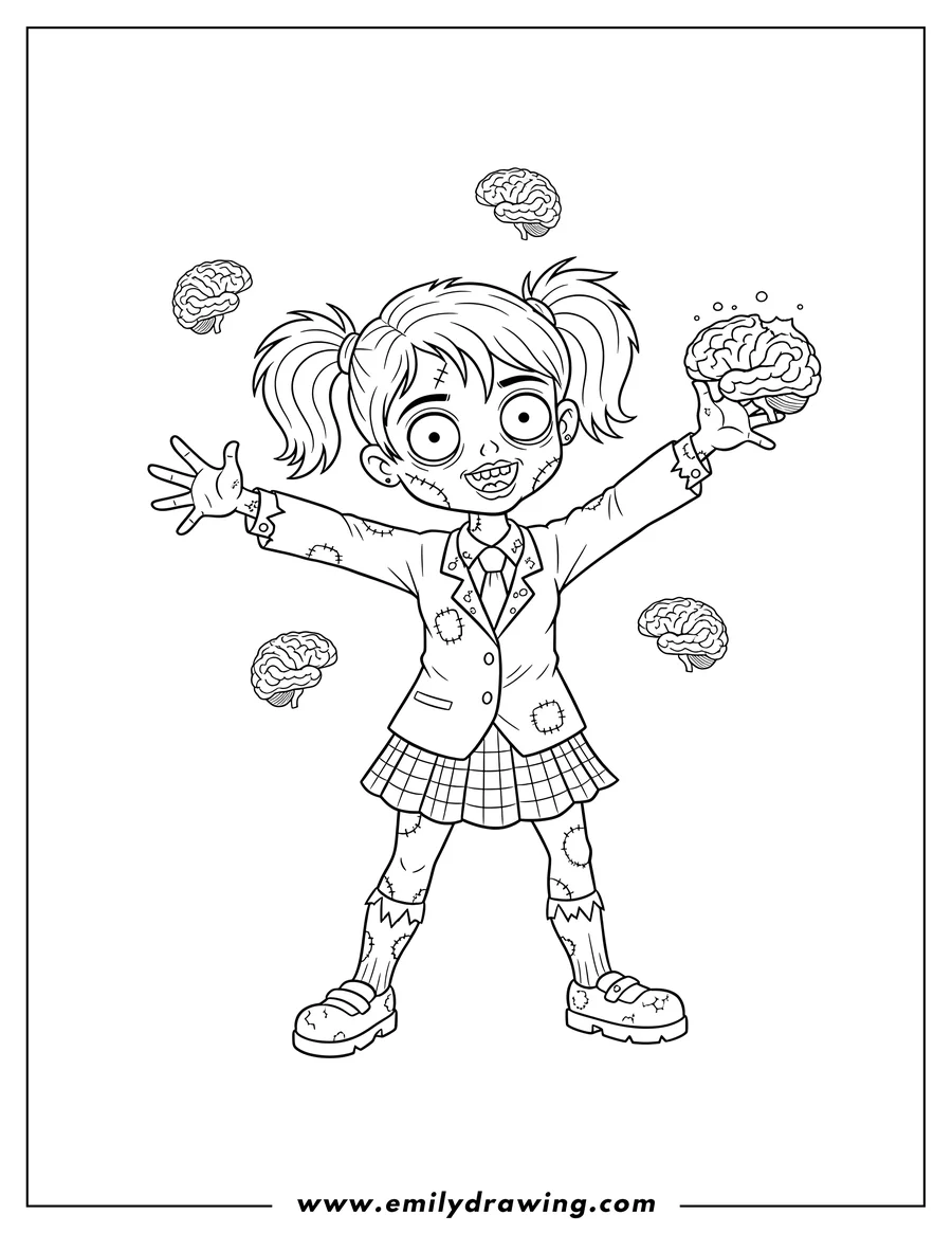 Full page coloring image of brain Eating Girl Zombie in tattered school uniform with arms outstretched