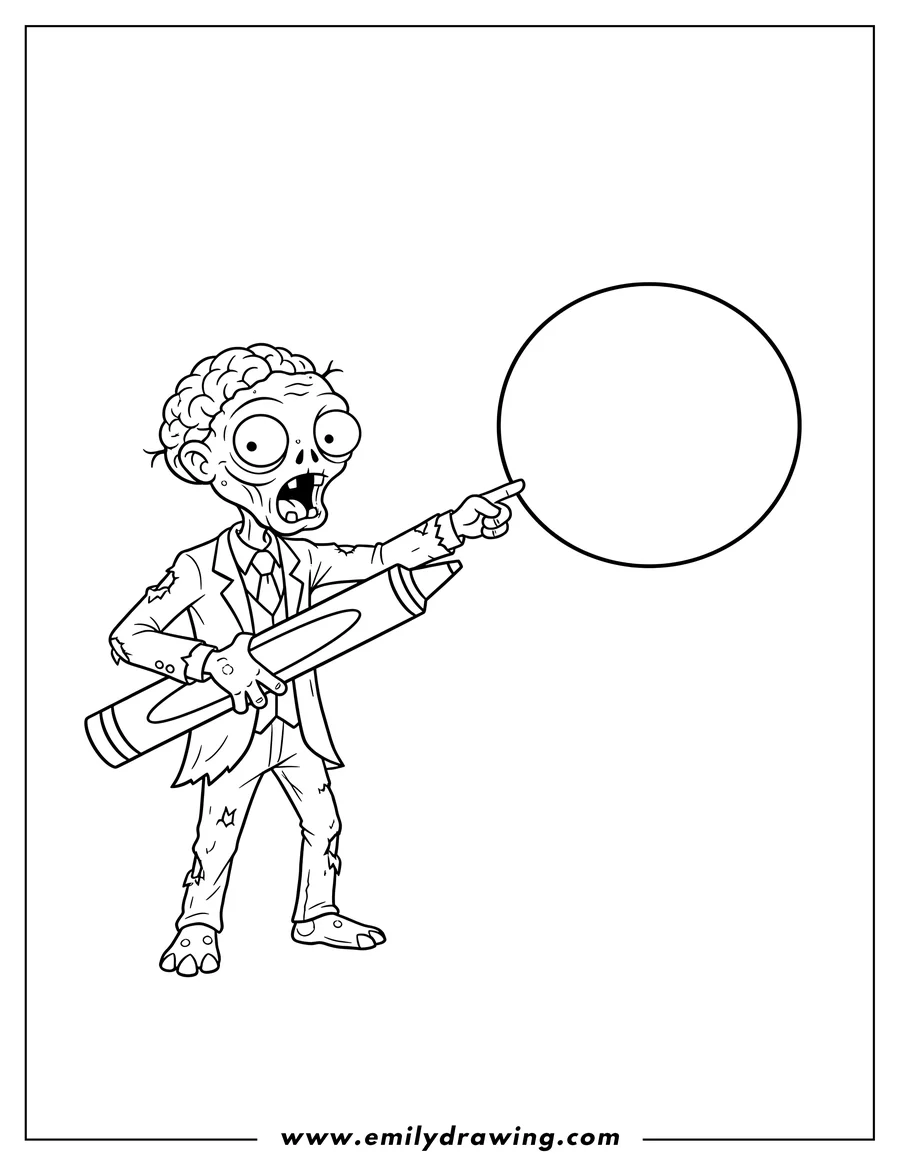 Doodle style coloring picture of brain Eating Zombie in a torn suit, reaching out to color
