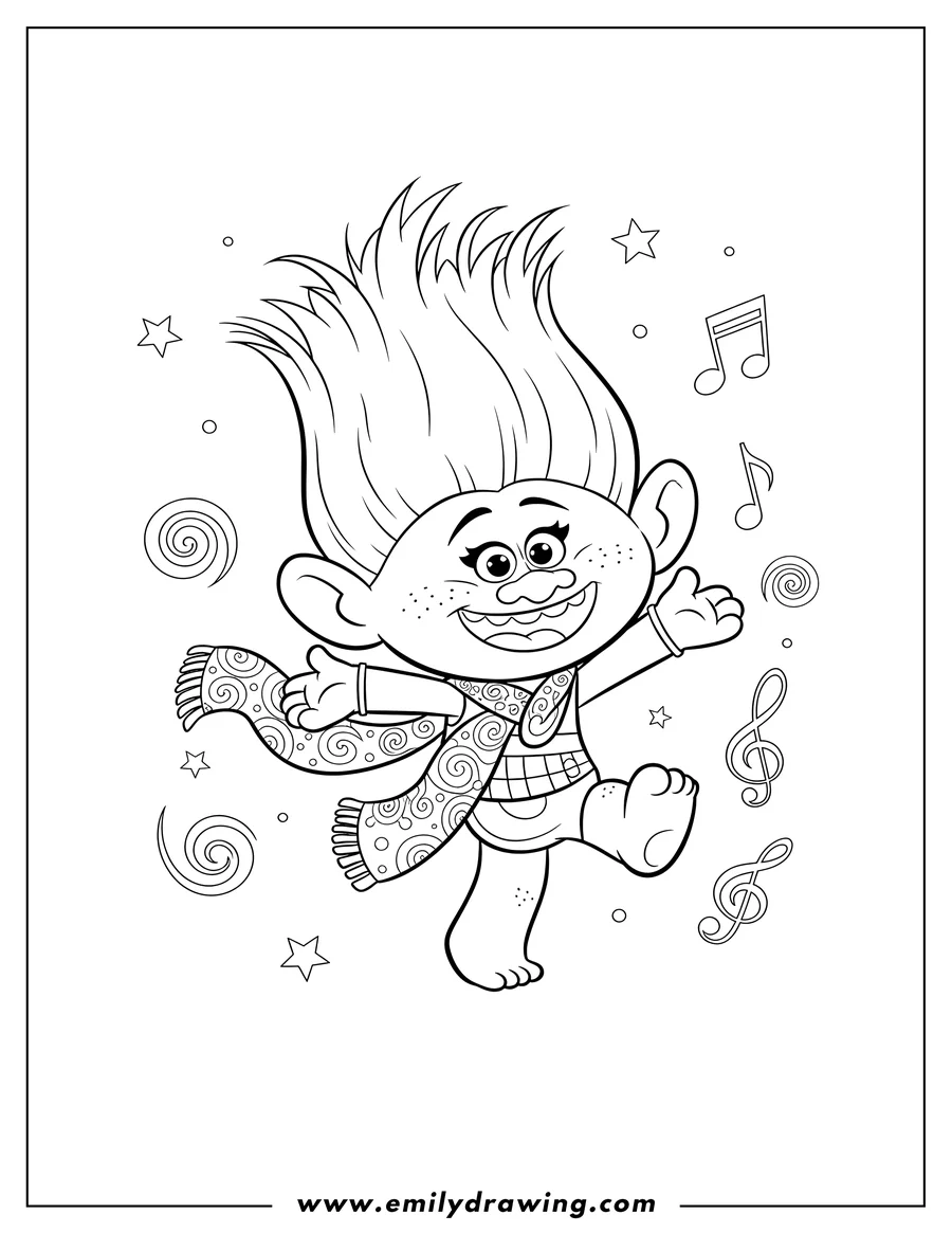 Black and white line art of branch Troll dancing with one leg raised, wearing a vest and scarf