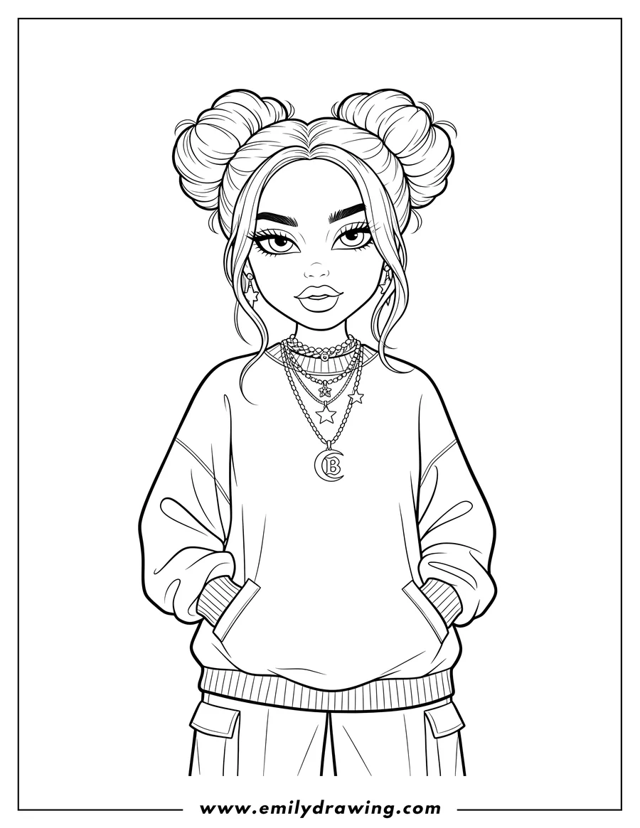 Printable coloring page of billie Eilish Portrait Bratz Art Style, with space buns and necklaces
