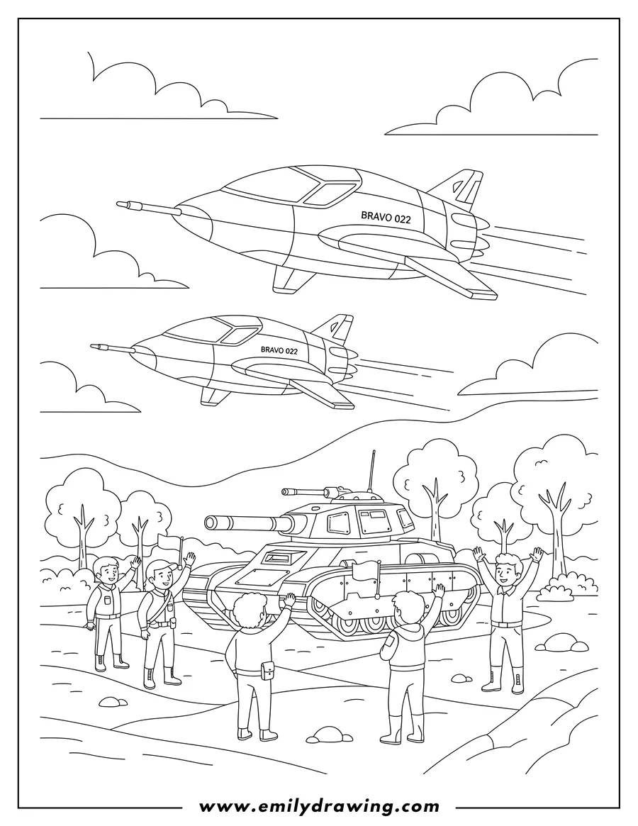 Free to print drawing of bravo 022, two flying ships above a tank and people