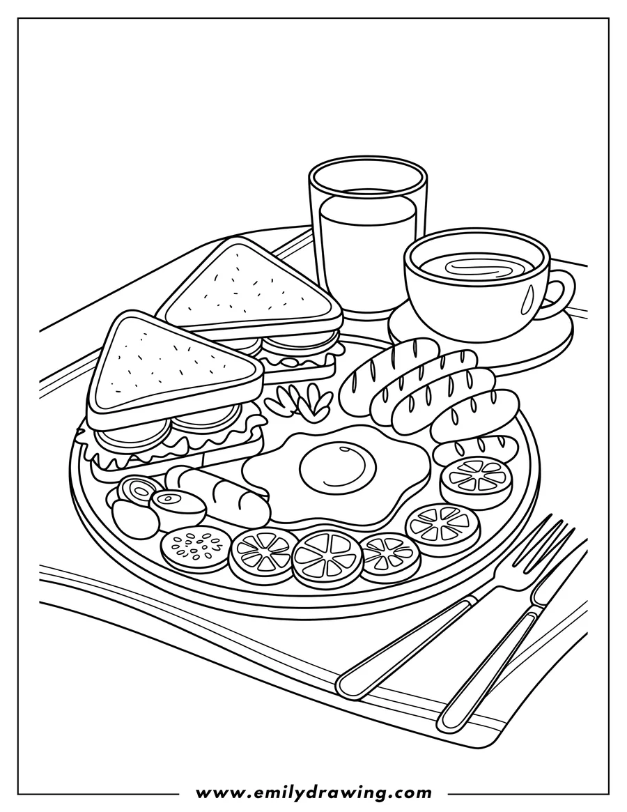 Printable line art of breakfast Platter