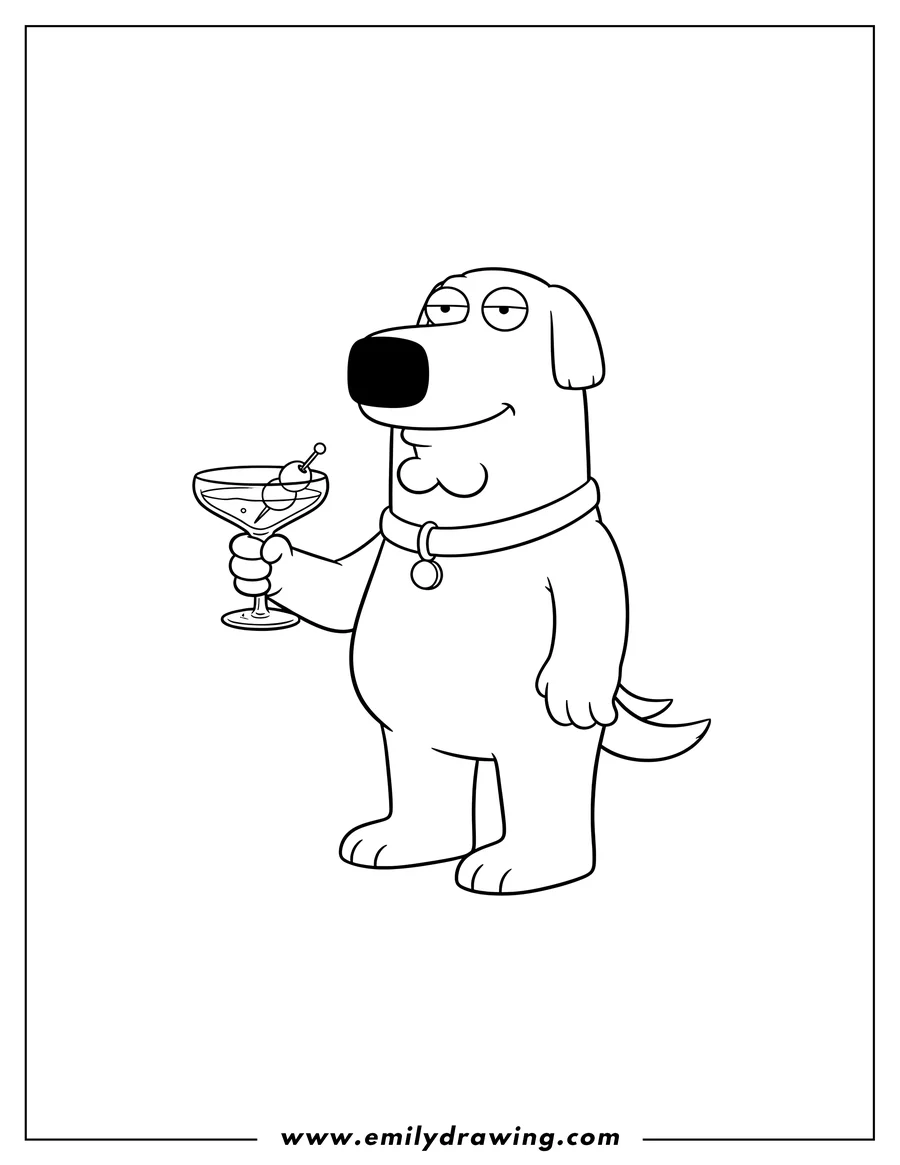 PDF style coloring page: brian Griffin holding a fancy drink glass with an olive
