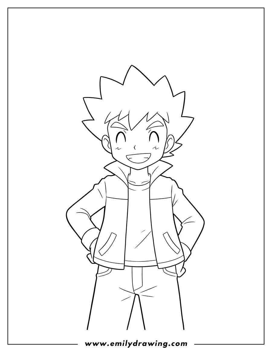 High quality printable brock Character From Pokemon standing and smiling with one hand on his hip for coloring