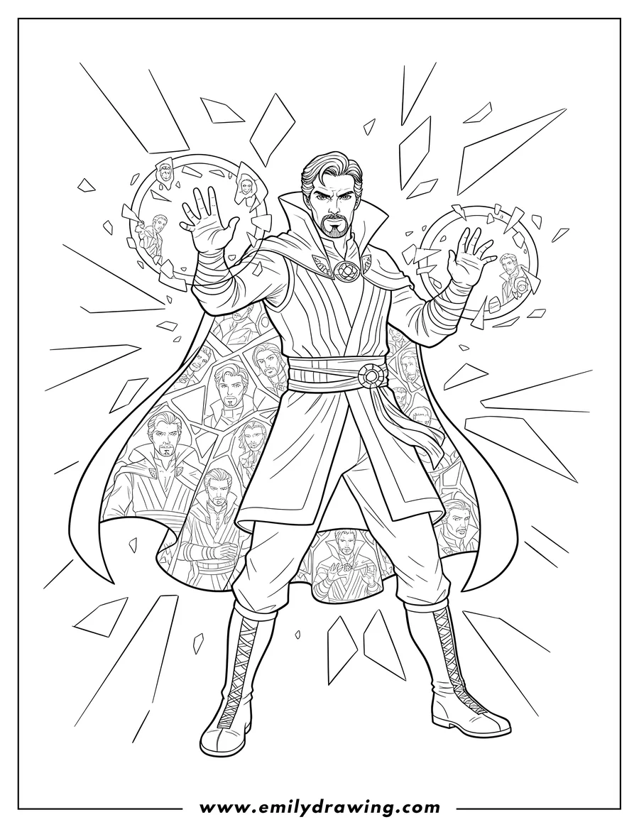 Coloring page of broken Glass Reflection Doctor Strange with a determined expression, casting a spell
