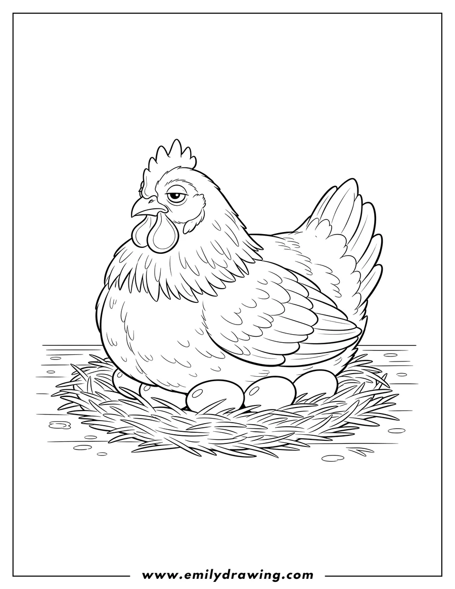 Coloring page for kids: brooding hen on a nest with eggs