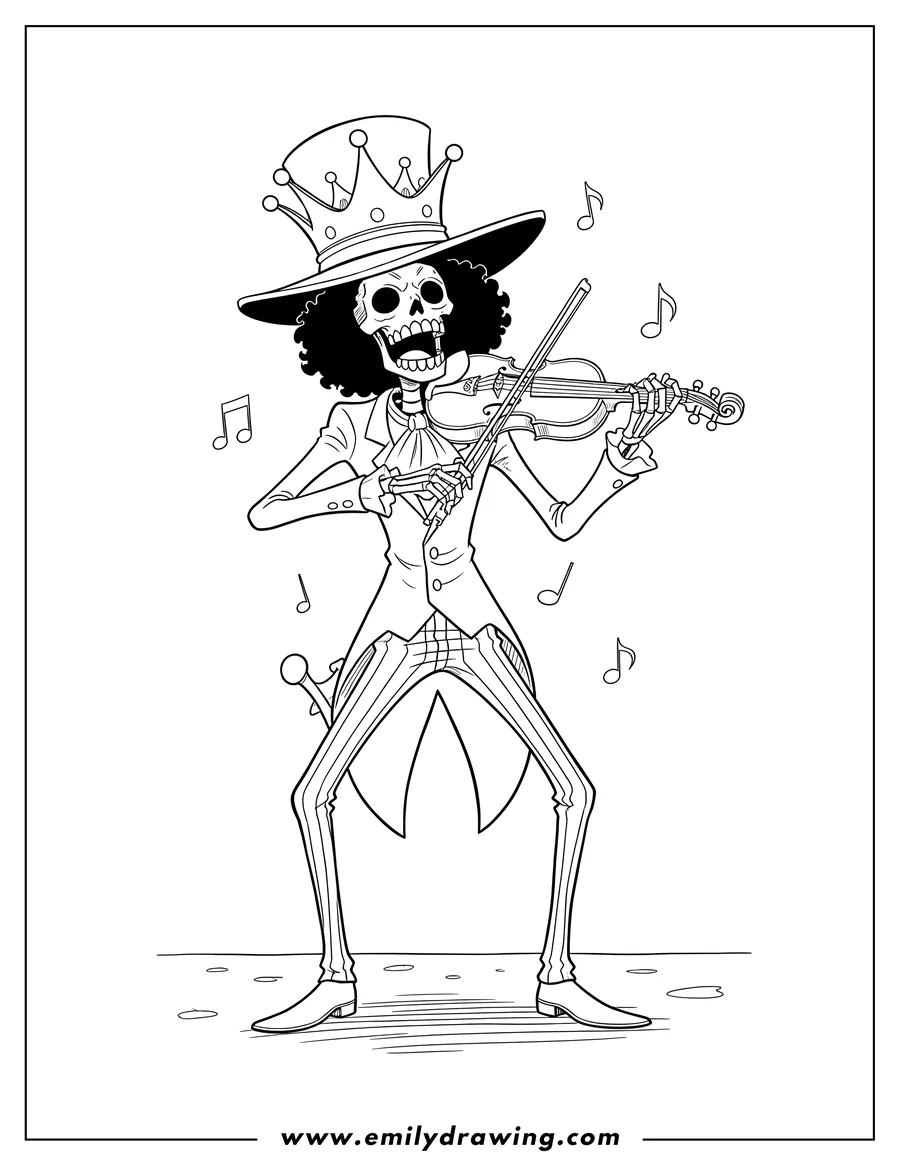 Printable line art of brook One Piece, a skeleton with a crown and open mouth, playing violin