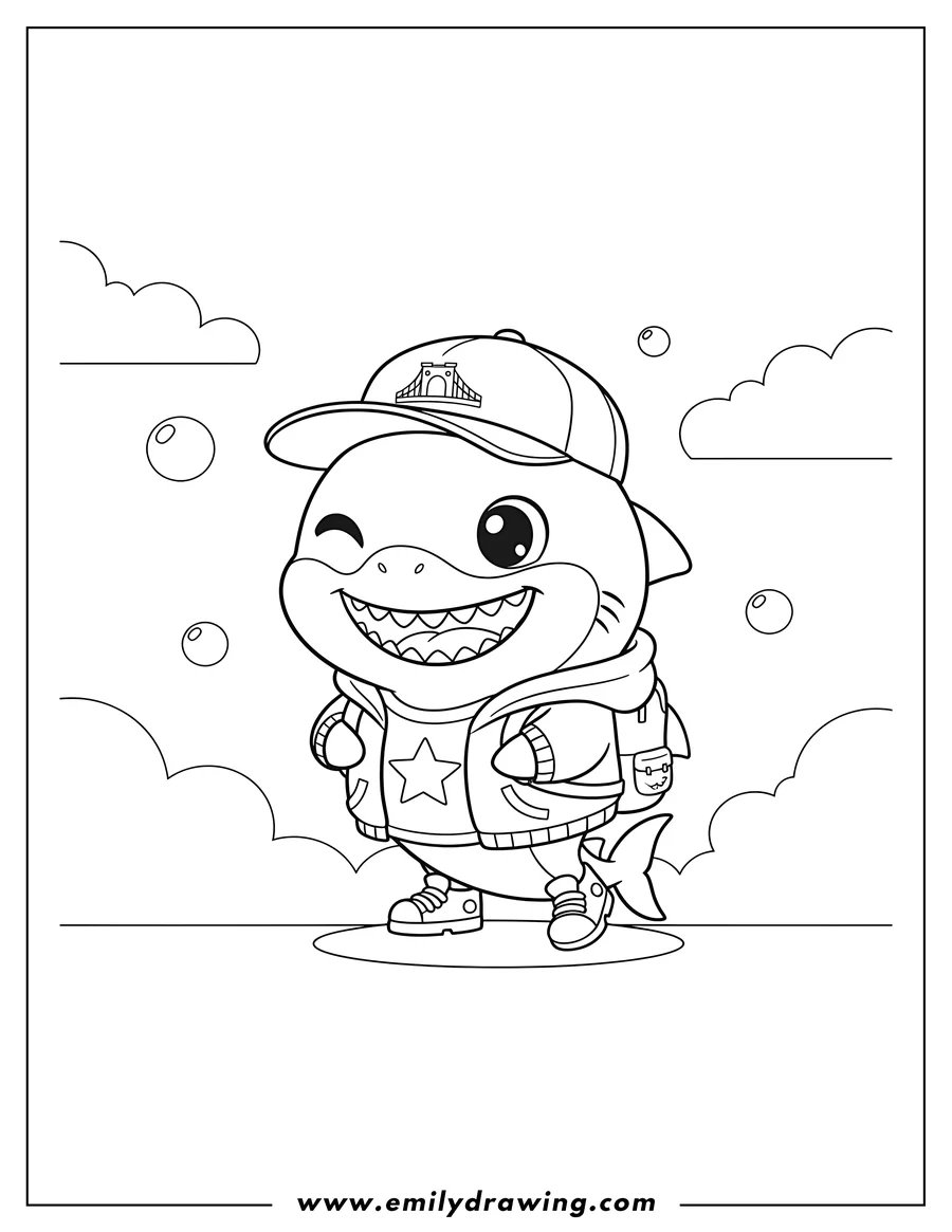 Free printable coloring sheet of easy Brooklyn Baby Shark Preschoolers, winking, smiling, and showing teeth
