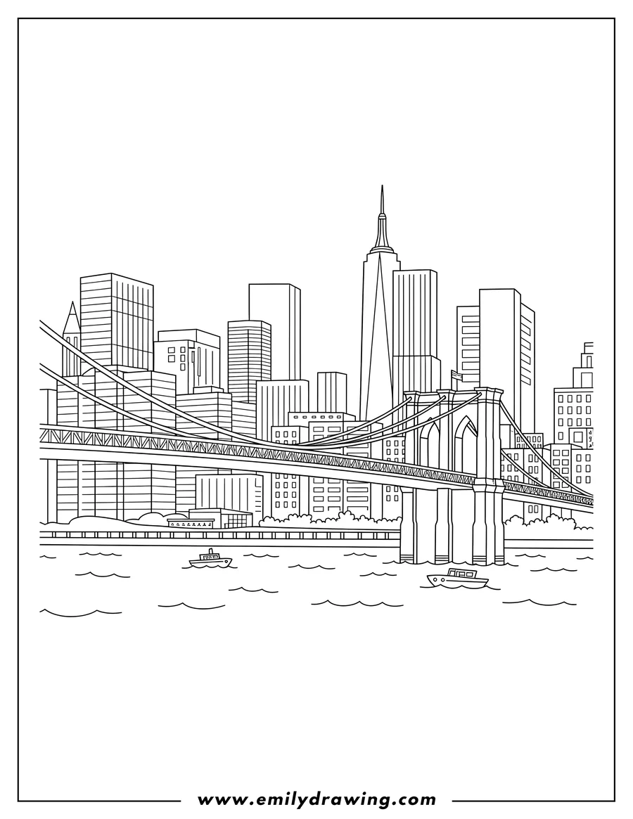 Downloadable coloring page of brooklyn Bridge New York over water with a city skyline, coloring page line art