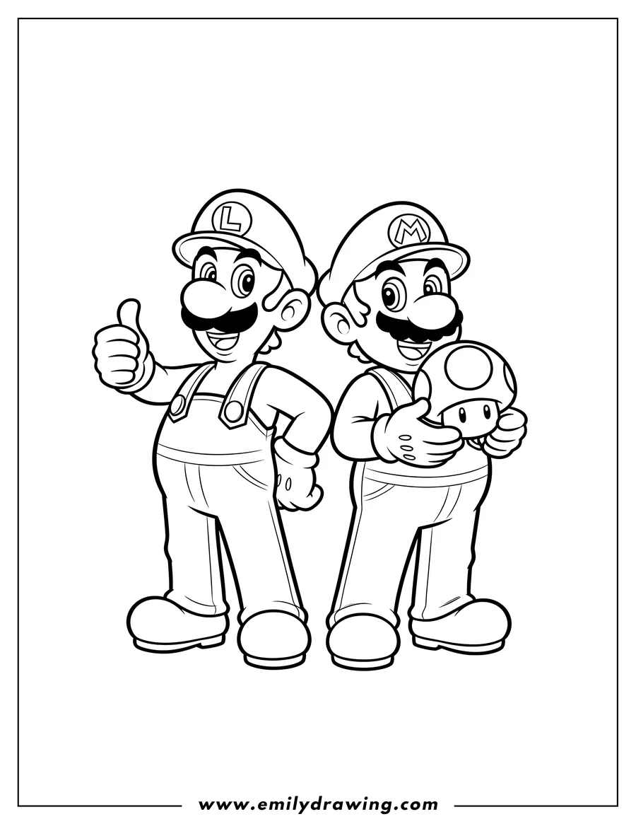 Coloring sheet featuring luigi and Mario posing, standing side-by-side, with Luigi giving a thumbs-up and Mario holding a Super Mushroom