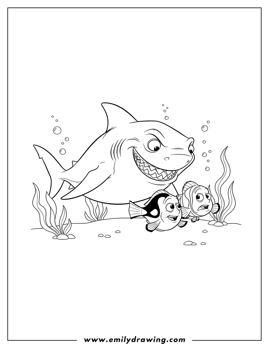 Simple sketch of bruce Shark stalking Dory and Marlin, grinning widely with sharp teeth while Dory smiles and Marlin looks scared to color