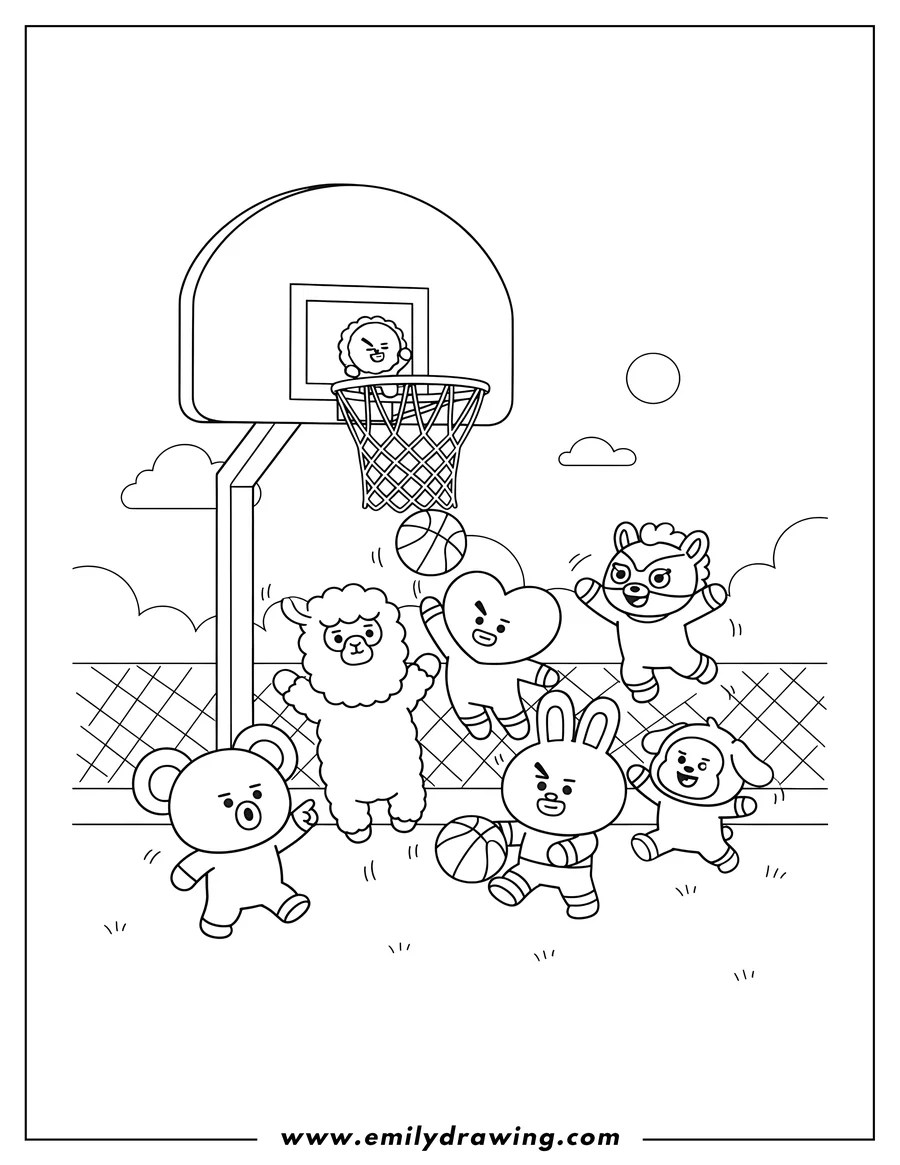 PDF style coloring page: bt21 Friends playing basketball, with Shooky on the hoop and some friends reaching up