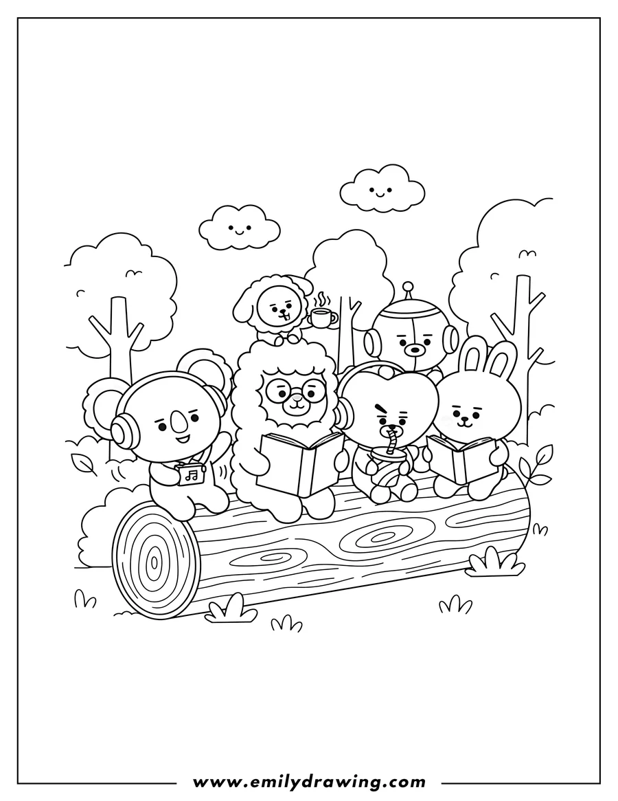 Outline drawing of bt21 Friends Sitting On Log, reading, drinking, and listening to music