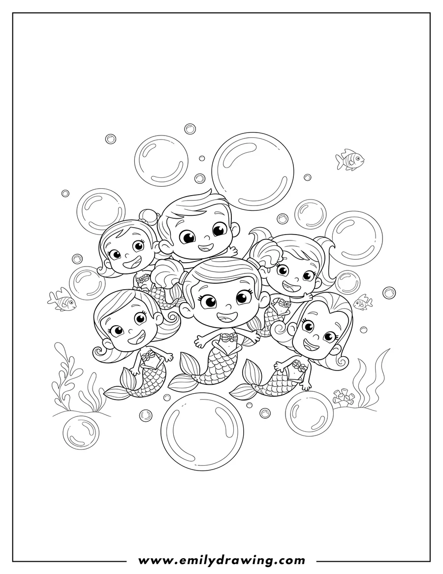 Coloring page for kids: bubble Guppies Tv, group of characters smiling with bubbles