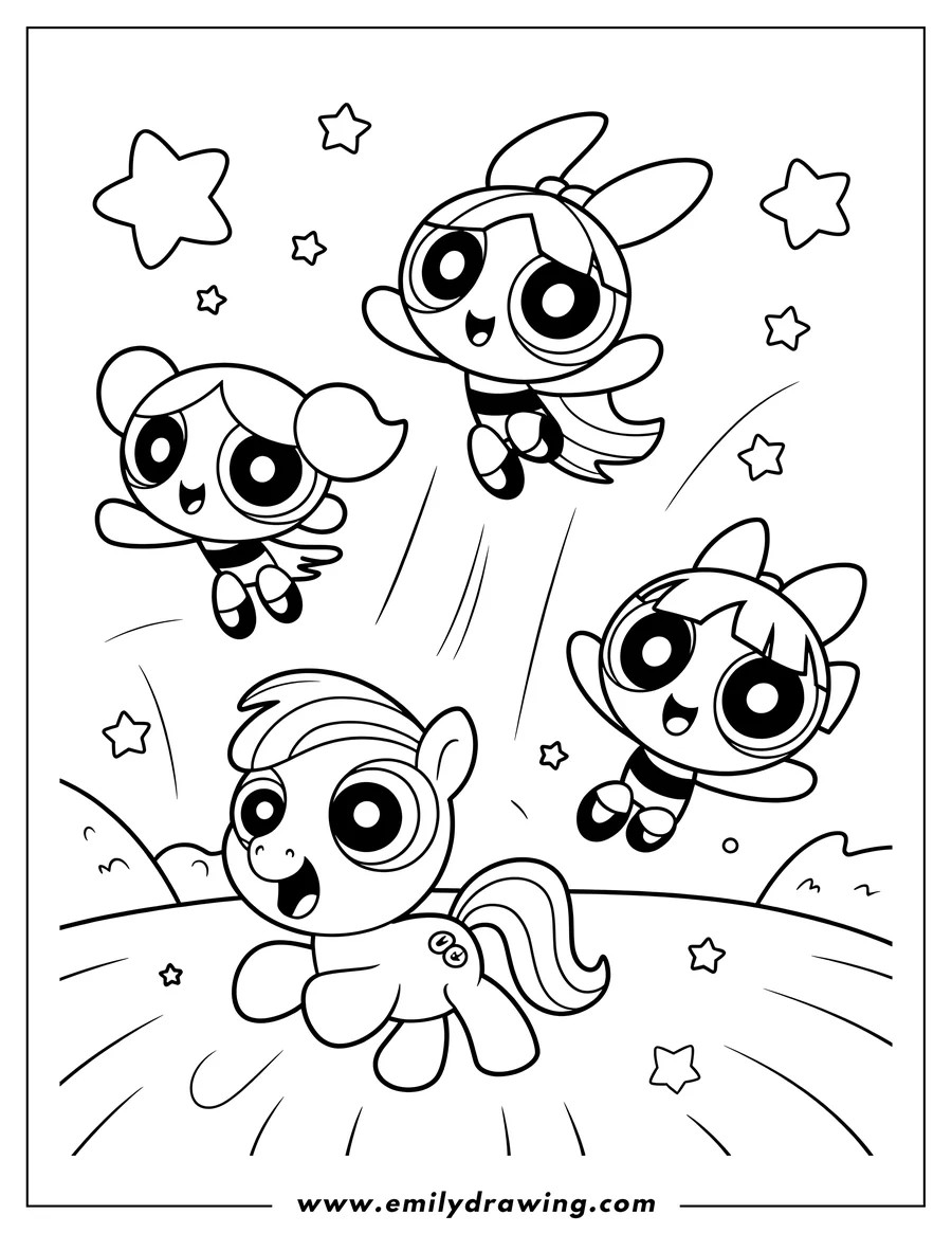 Doodle style coloring picture of flying Girl 1 (Bubbles)