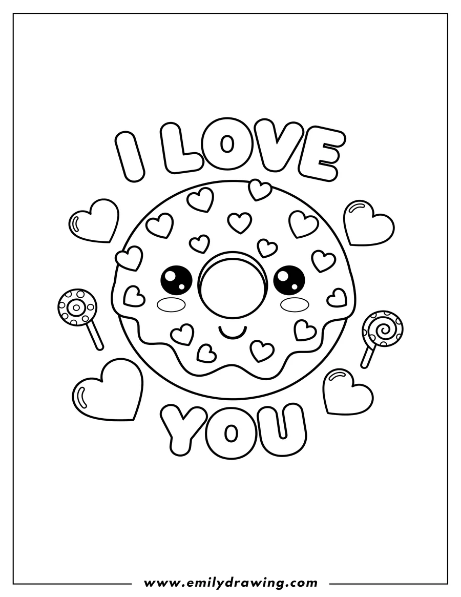 PDF style coloring page: bubbly 'I LOVE' above and 'YOU' below a kawaii happy frosted donut with heart sprinkles, surrounded by floating hearts and candy spirals