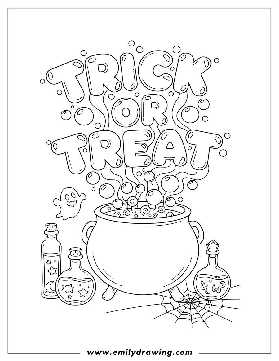 Free to print drawing of bubbly Trick Or Treat Words Above a Bubbling Witch Cauldron and Glass Potion Bottles