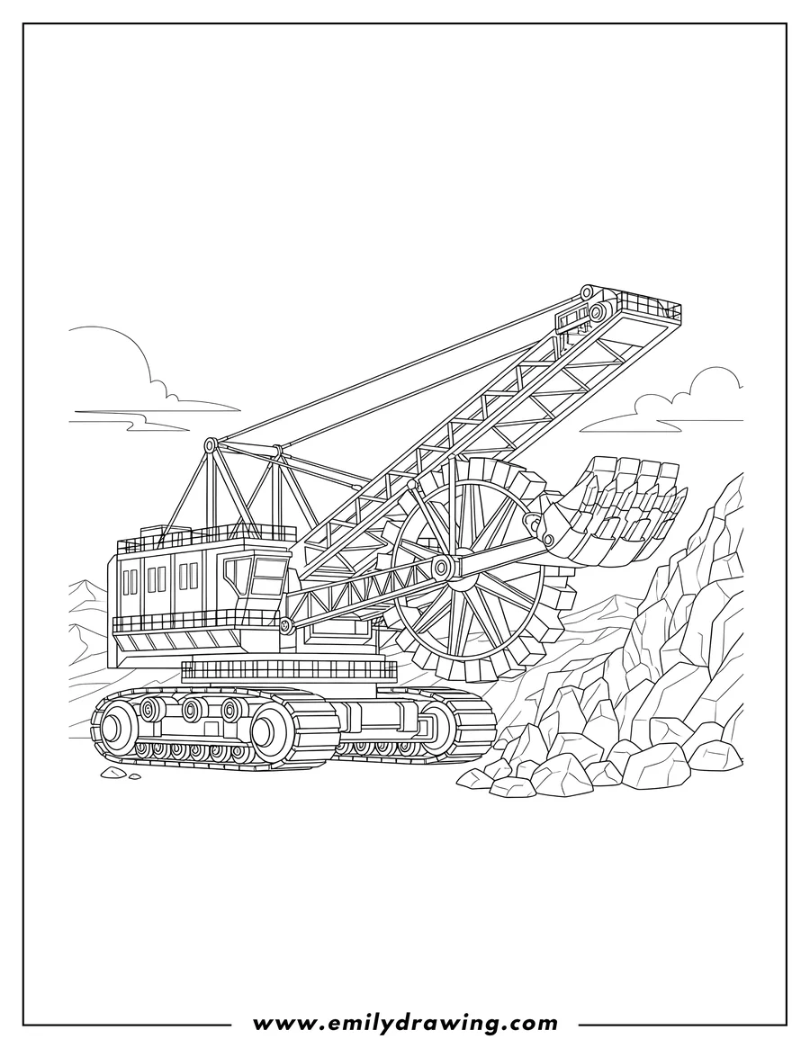 Printable coloring page of bucket Wheel Excavator Mine To Color, featuring caterpillar tracks and rocky terrain