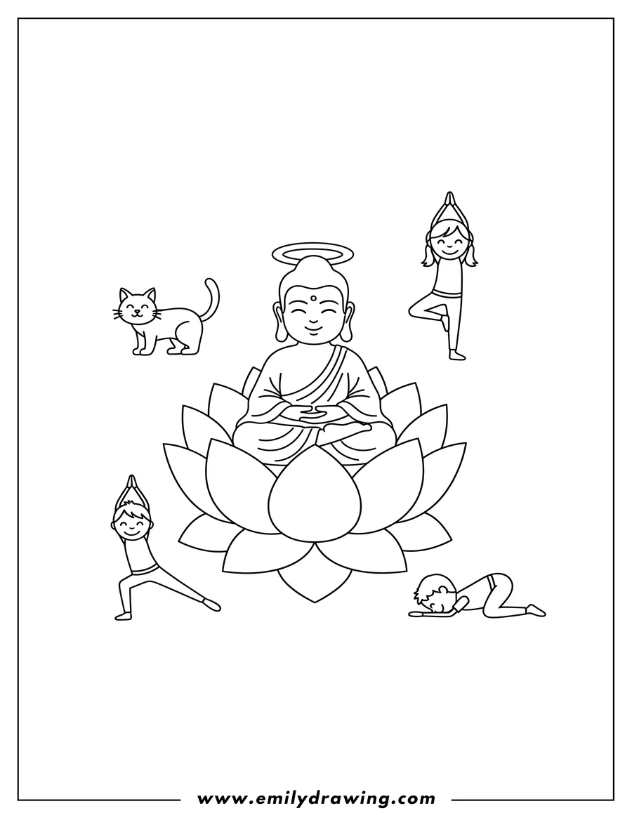 Full page coloring image of buddha meditating on a lotus surrounded by yoga poses