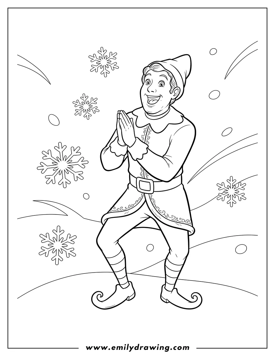 PDF style coloring page: buddy Elf shouting SANTA! with clasped hands