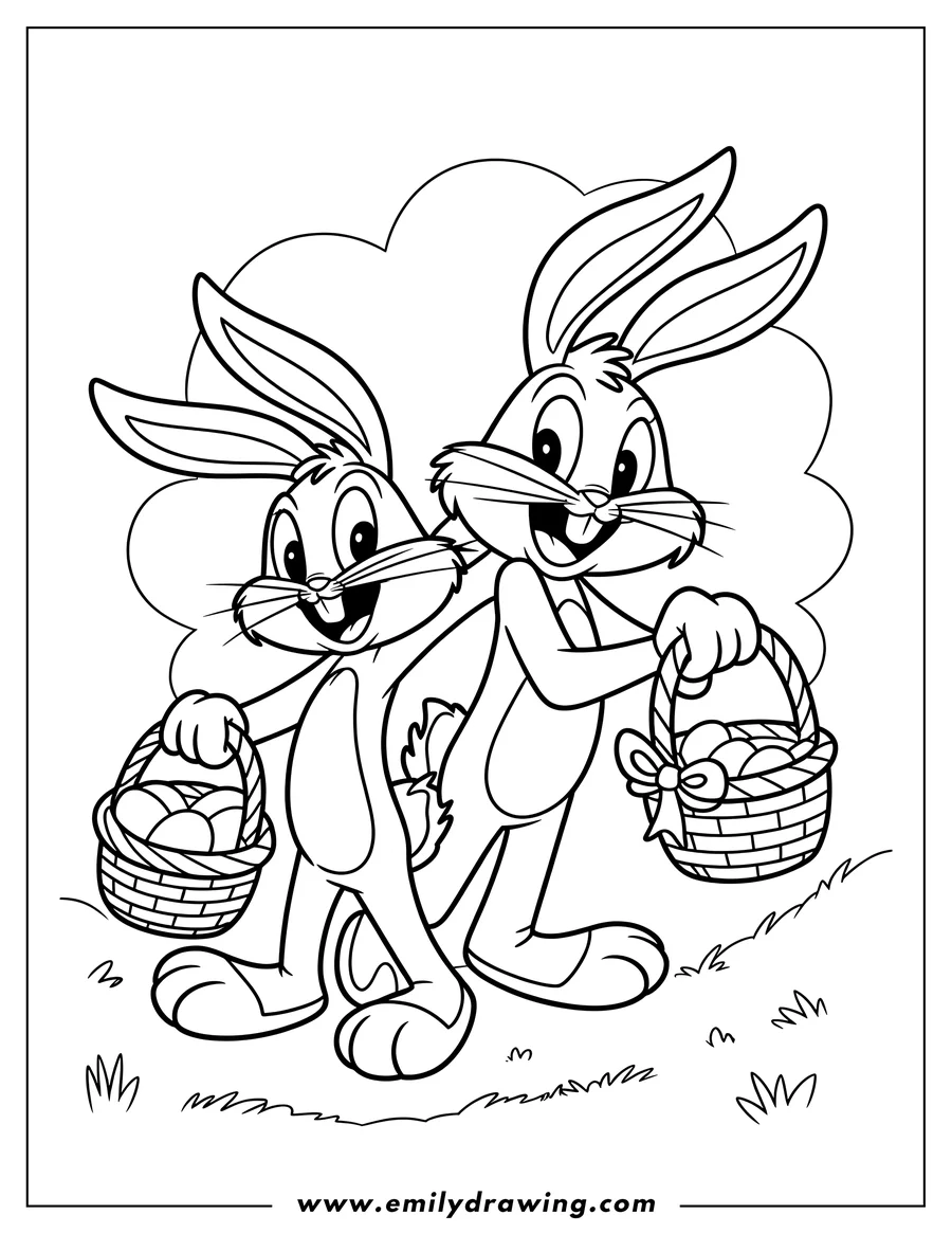 Line art of two Bugs Bunny-style rabbits smiling and holding Easter baskets filled with eggs, standing on grassy ground with a fluffy cloud behind them.
