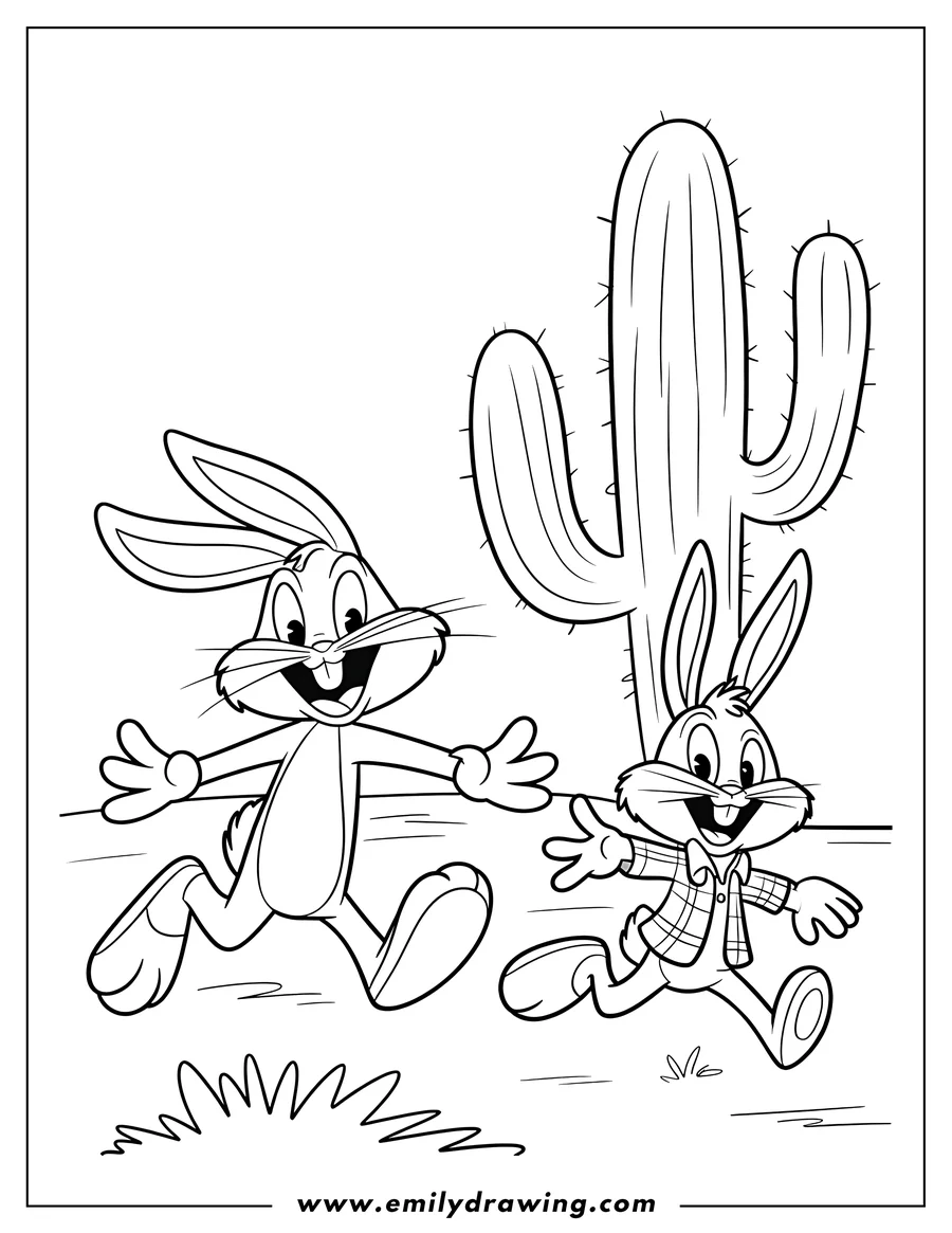 Outline of Bugs Bunny and a baby Bugs Bunny character happily running with their arms outstretched, next to a tall cactus.