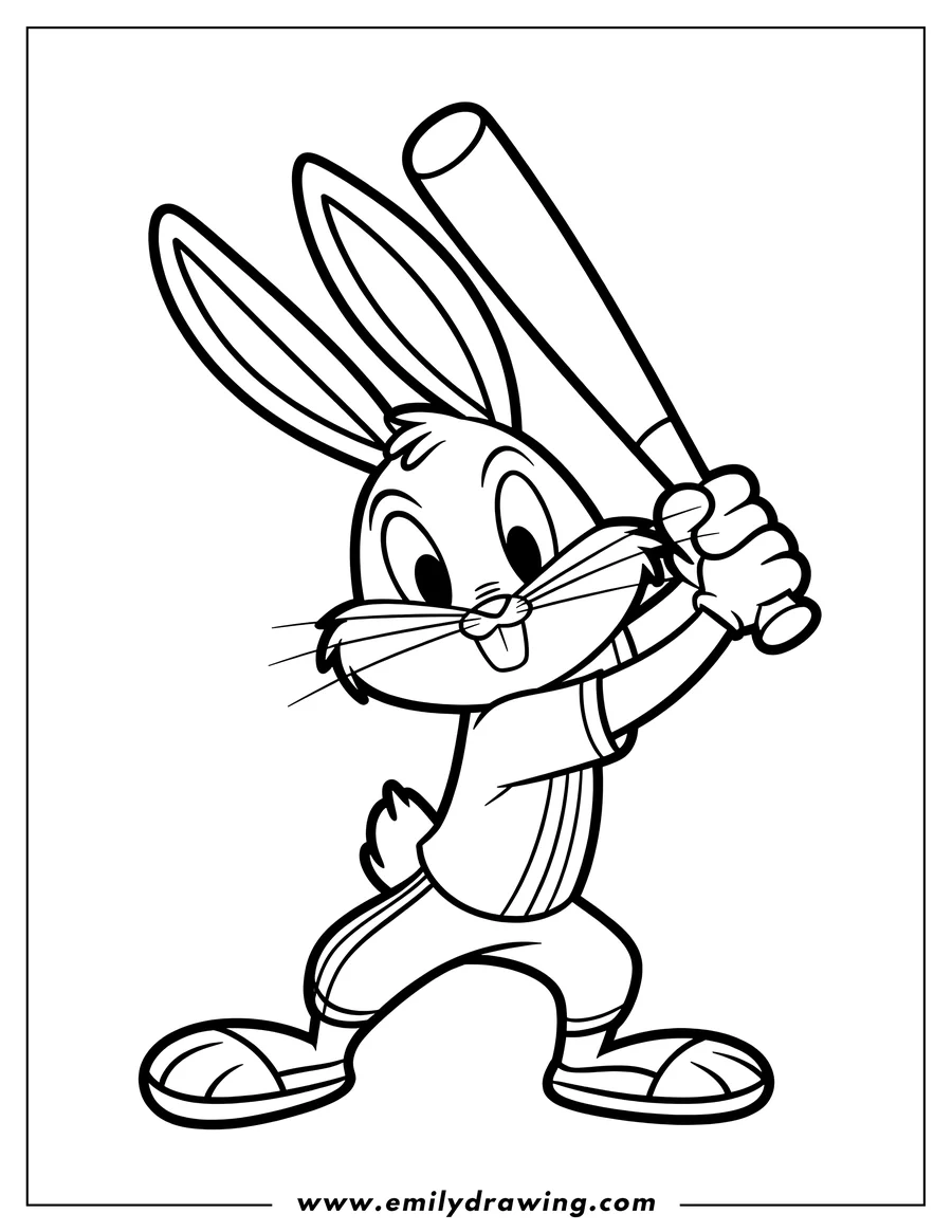 Line art of Bugs Bunny, the cartoon rabbit, dressed in a baseball uniform and holding a baseball bat, ready to swing.
