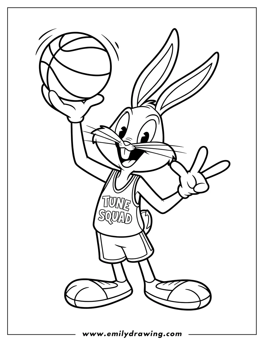 Outline of Bugs Bunny from Looney Tunes wearing a 'Tune Squad' jersey and holding a basketball up with one hand, giving a peace sign with the other.